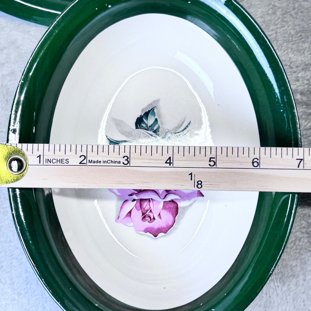 Vintage Nautilus Rose Oval Bowls Grannycore Set of 2 Green Rim Floral Made USA - Picture 12 of 12